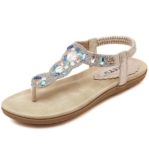 HAINE Damen Sandalen, Frauen Sommer Bohemia Sandals, mit Strass Bohemia Strand Schuhe Freizeit Flach Sandalette Damen Sandale