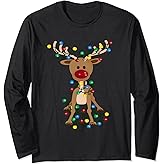 Rudolph Tangled Up In Christmas Tree Lights Holiday Reindeer Long Sleeve T-Shirt
