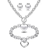 LOYALLOOK Heart Pendant, Necklace, Bracelet & Stud Earrings Set - Stainless Steel Love Heart Jewelry for Women - Halloween