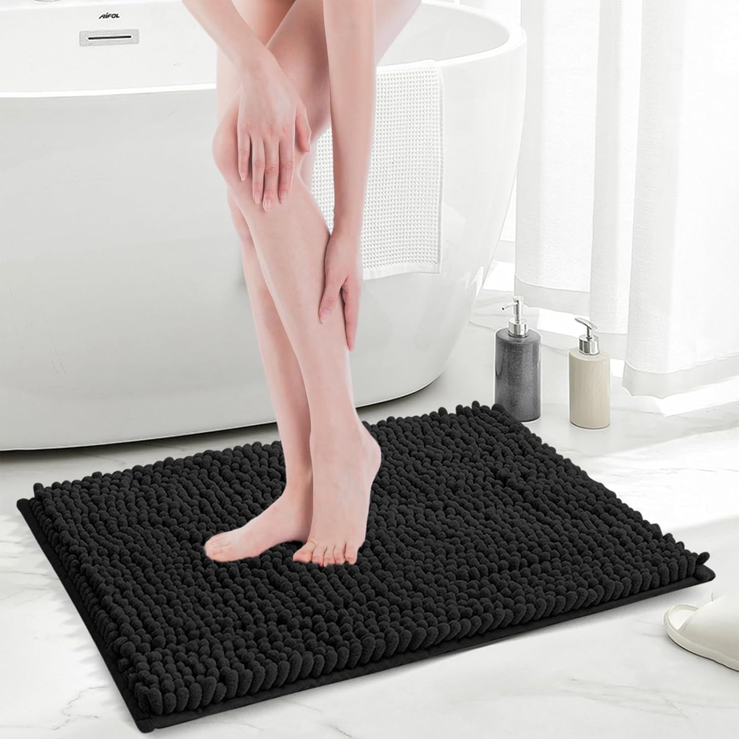 UHOUSEST Bathroom Mat Set of 1, Non Slip Chenille Bath Mat Set Rugs, Extra Soft with Water Absorbent Pedestal Bath Mats for Bathroom, 40x60cm, Black