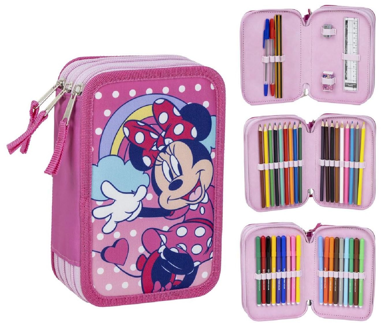 CARTOON Pencil Case Multi-Compartment Pencil Case 3 Zip for School Complete Pens Pencils Colours Markers, Minnie (2), Pencil Cases