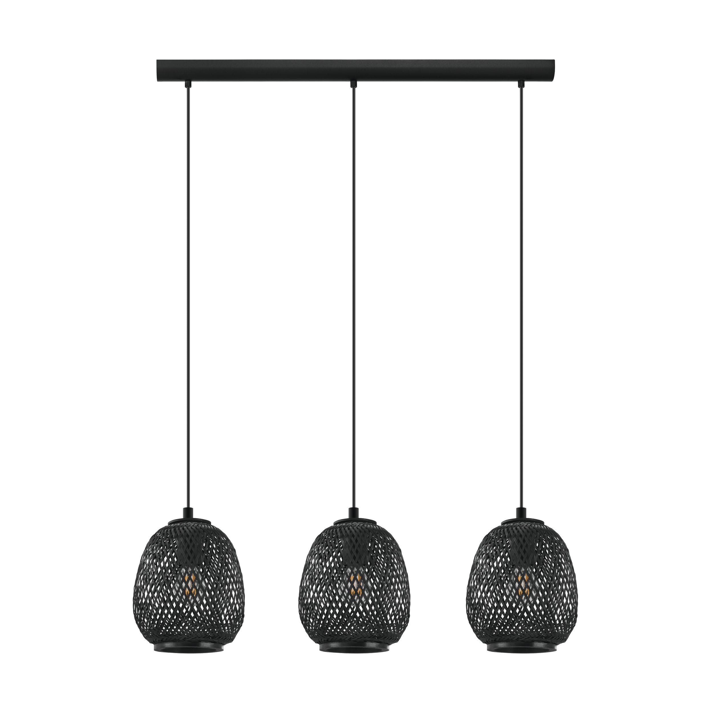 Eglo Pendant Light Dembleby 1, 3-Light Hanging Lamp Vintage, Natural, Hygge, Woven Wooden Basket Pendant, Dining Table Lamp, Hanging Living Room Lamp in Black, Steel, E27 Socket