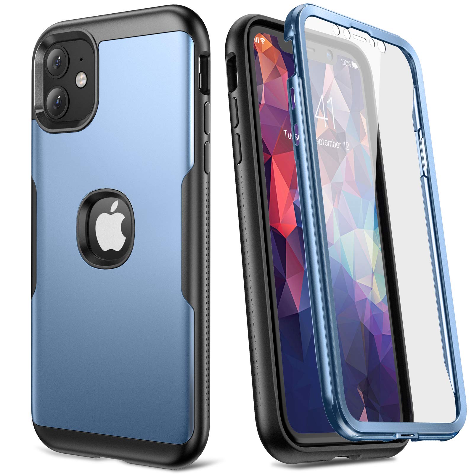 YOUMAKER Metallic Designed for iPhone 11 Case, Full Body Rugged with Built-in Screen Protector Heavy Duty Protection Slim Fit Shockproof Cover for iPhone 11 Case 6.1 Inch-Blue/BK