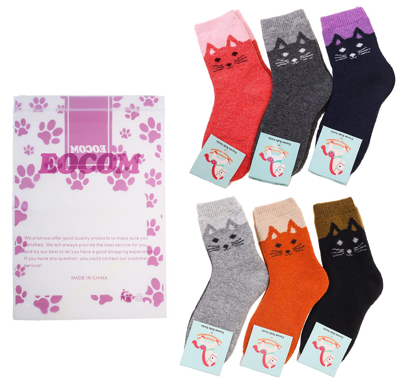 Eocom Kids Wool Socks Winter Warm Wool Hiking Thermal Thick Boot Cozy Crew Socks for Toddlers Boys Girls 6 Pairs