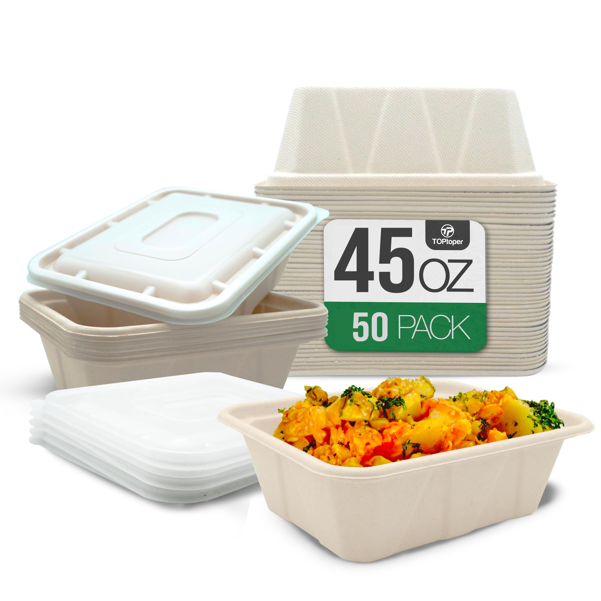 Photo 1 of TOPtoper 50 Pack 45 Oz Large Paper Bowls with Lids, Heavy Duty Compostable Paper Bowls for Party, Disposable Bowls Bulk Leakproof and Microwave Safe for Hot/Cold Use (45 OZ)