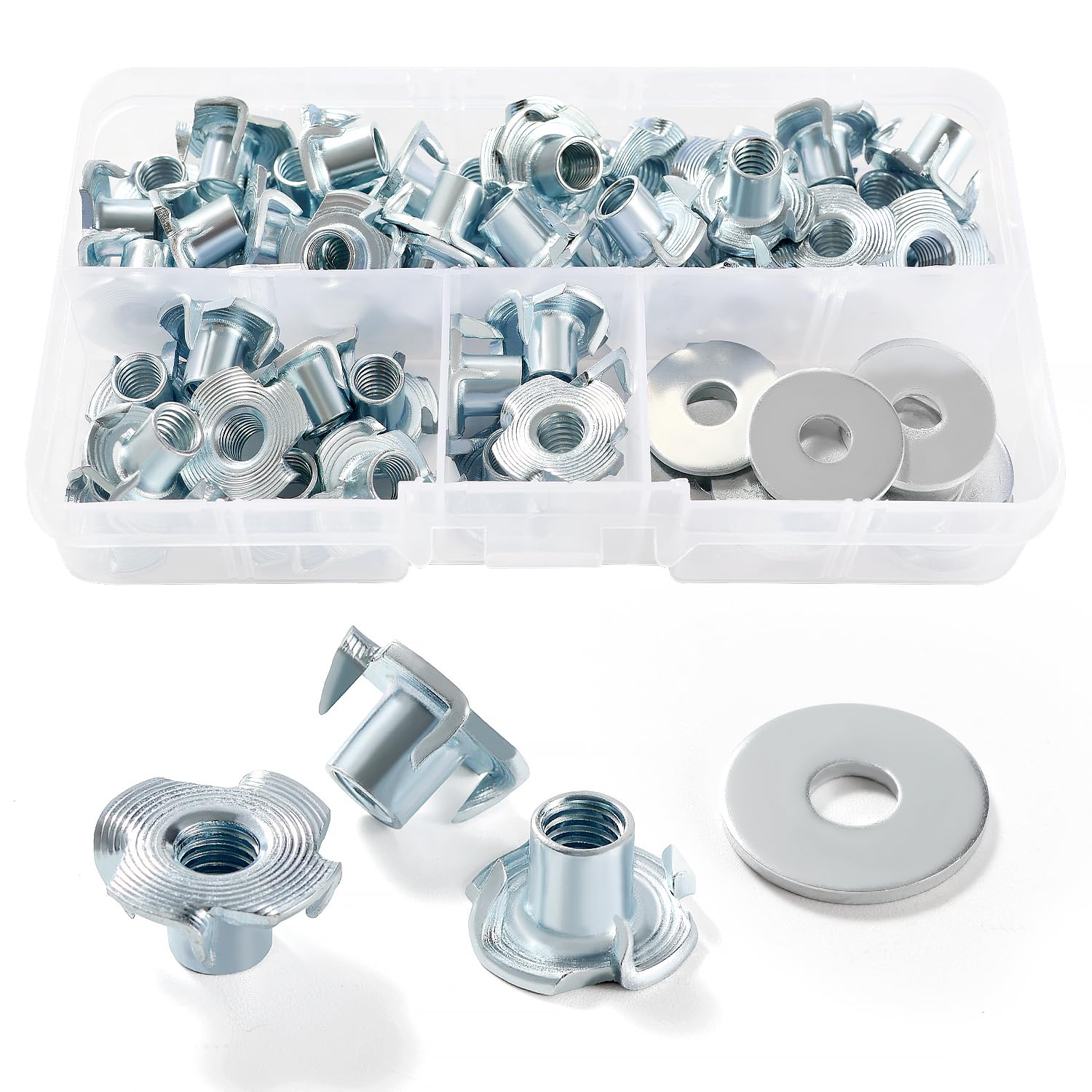 Lyeteung 45 PCS M6 × 10mm T Nuts, Four Pronged Tee Nuts, Threaded Insert T Nut, with 10 PCS Washers, for Wood, Cabinetry, Furniture
