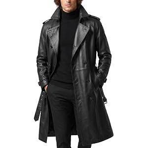TRENDGENESIS Men's Long Black Leather Trench Coat, Double Breasted Slim Fit Notched Lapel Full Length Overcoat Jacket