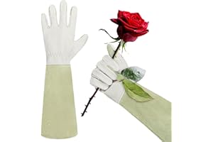 HLDD HANDLANDY Long Sleeve Leather Gardening Gloves,Puncture resistant,Breathable Pigskin Leather Gauntlet,Rose Pruning Floral Gauntlet Garden Gloves For Women and Men (Medium, Beige)