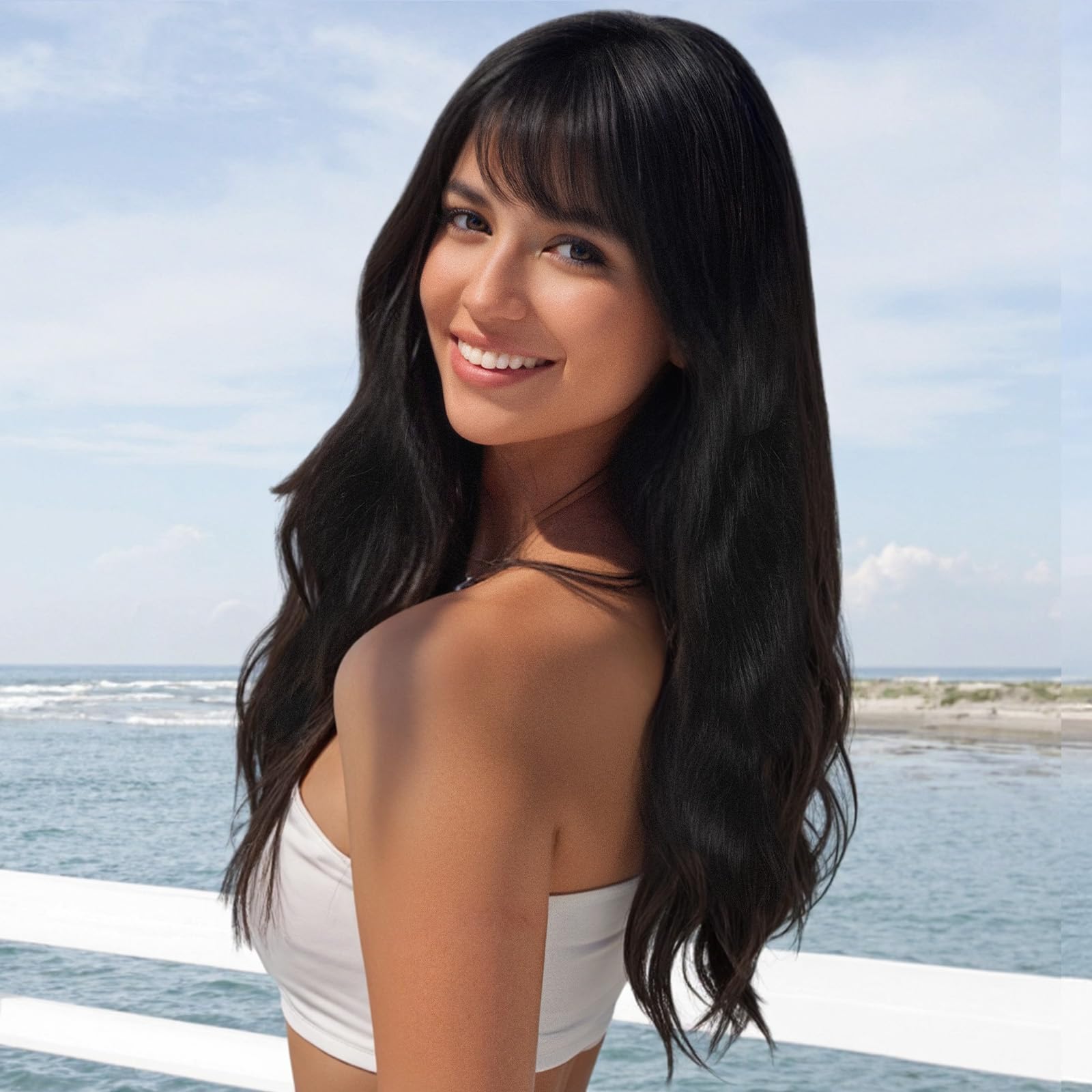 Photo 1 of FAVE Wig with Bangs Human Hair 1x3 Inch HD Lace Top Black Wig with Bangs for Women Brazilian Virgin Hair (Natural Wave,20 Inch)