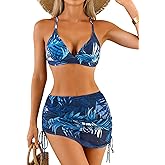 Aidonger Drawstring Bikini Sets for Women V Neck Two Piece Swimsuit Tie Back Bathing Suit Mesh Sheer Swim Skirt