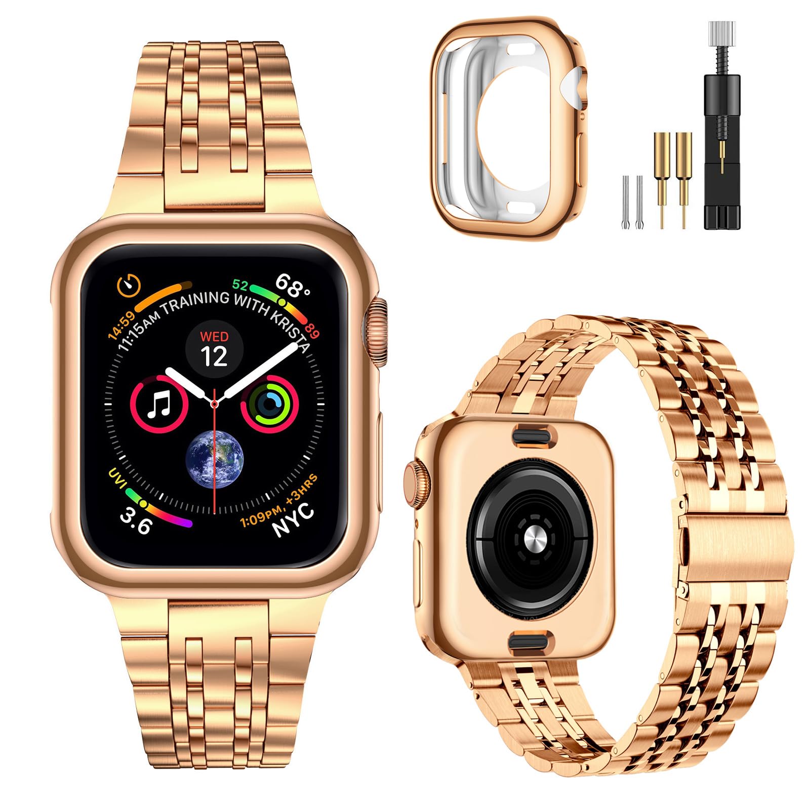 MioHHR Compatible with Apple Watch Strap 38mm 40mm 41mm, Solid Stainless Steel Metal Band for iWatch Series 9 8 7 6 5 4 3 2 1 SE Men and Women (Rose Gold)