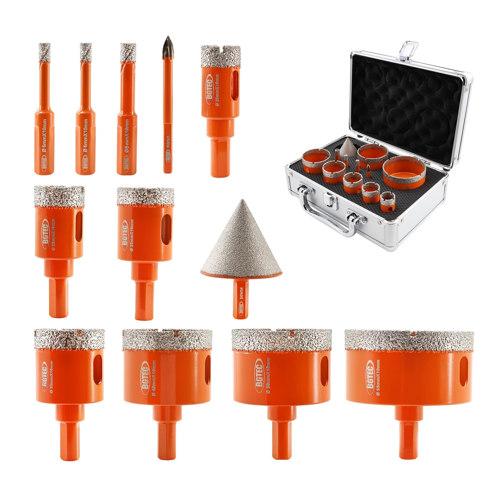 BGTEC Diamond Core Drill Bits, 12pcs(6/6/8/20/25/28/35/45/50/65mm Triangle Shank Drill Bits+50mm Chamfer Bit+6mm Triangle Shank Carbide Drill) for Ceramic Porcelain Tile Marble Granite