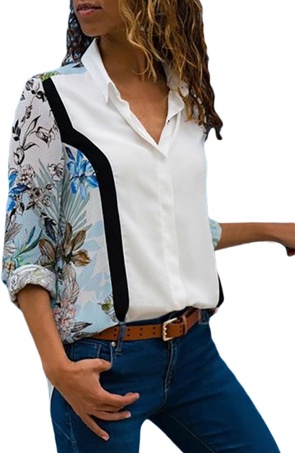 Silindashop Womens V Neck Long Sleeve Blouses Color Block Stripes Button Down Tops Casual Work Shirt