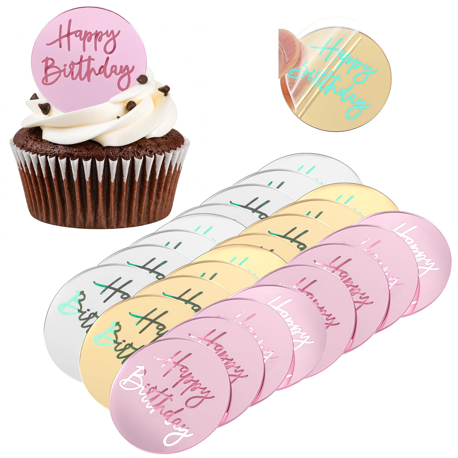 Ouligay 24 PCS Mirror Happy Birthday Cupcake Toppers Round Acrylic Birthday Cupcake Toppers Engraved Happy Birthday Cake Picks for Party Anniversary Pastries Decorations 3 Color