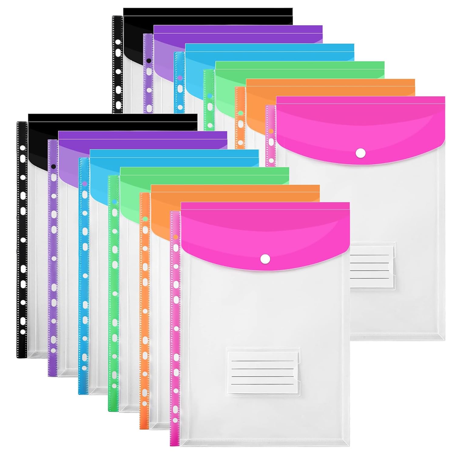 A4 Plastic Wallets Colorful Punched Pockets Expandable Folders Plastic Document Files with Button,Label Pocket for School, Office, Home, Travel (12 PCS)