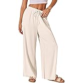 AISEW Women's Cotton Linen Palazzo Pants Drawstring Elastic Waist Casual Wide Leg Long Lounge Trousers with Pockets