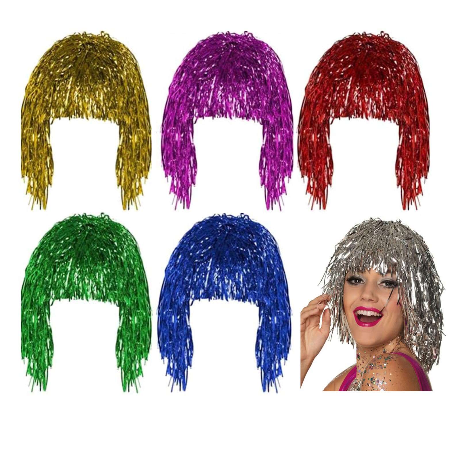 Tinsel Wig 6 Pieces Shiny Foil Wigs for Women, Gold, White, Green, Purple, Red and Blue, Creating A Festive Atmosphere, for Adults Photo Props Masquerade Balls