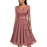 MISSMAY Women's V-Neck Floral Lace Elegant Style Half Sleeve Bridesmaid Party Dress