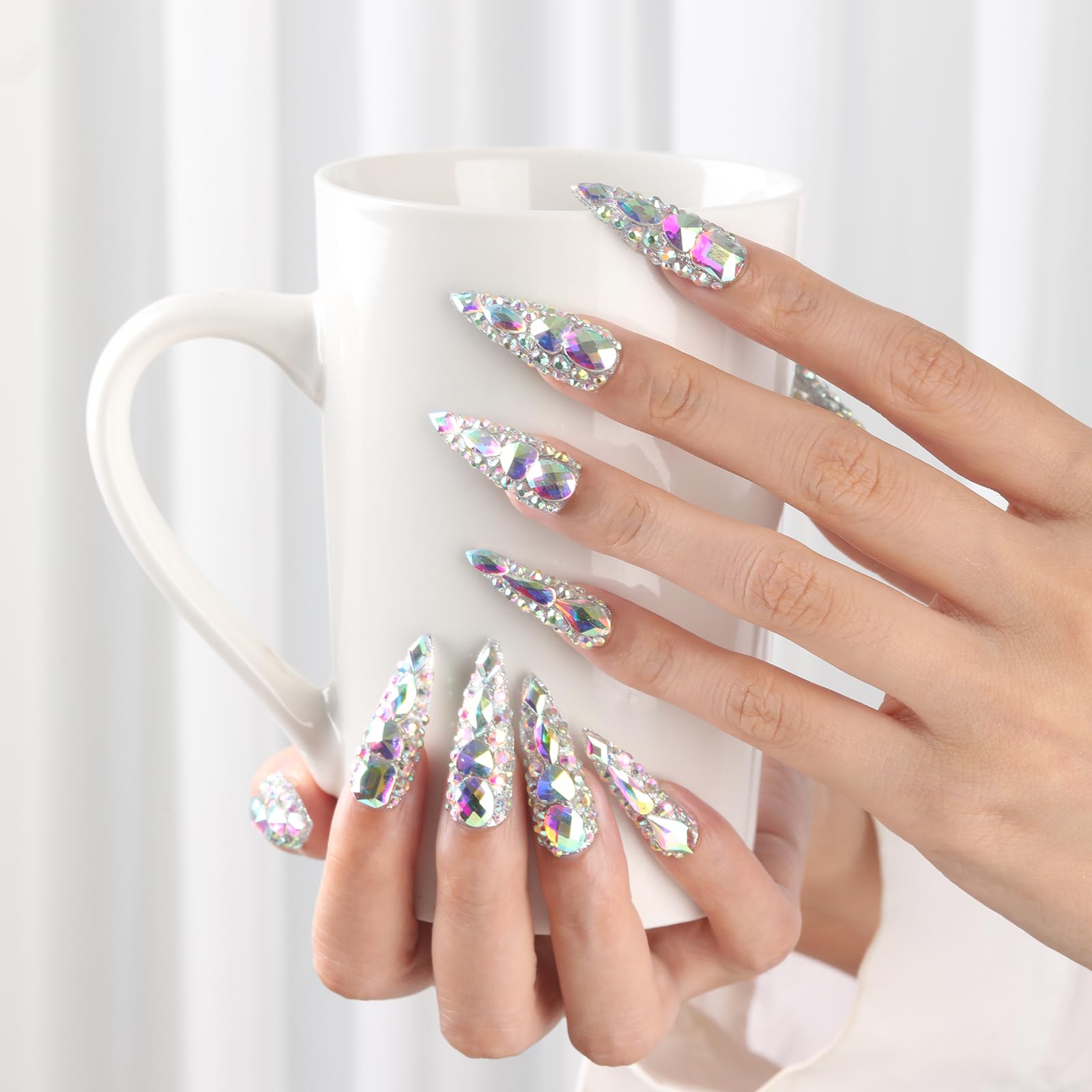 Kaquee-Really Handmade Press on Nails Long,Luxury Golden Stiletto Fake Nails Y2k,Glue Stick on Nails with Butterfly Bling Rhinestones,Nail Art Gifts for Women Girls (Silver, L) - Image 3