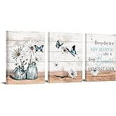 OuElegent 3 Piece Rustic Canvas Wall Art Daisy in Jar with Blue Butterfly Painting Pictures Motivational Inspiring Prints Artwork for Office Living Room Bedroom Bathroom Decor Framed Ready to Hang