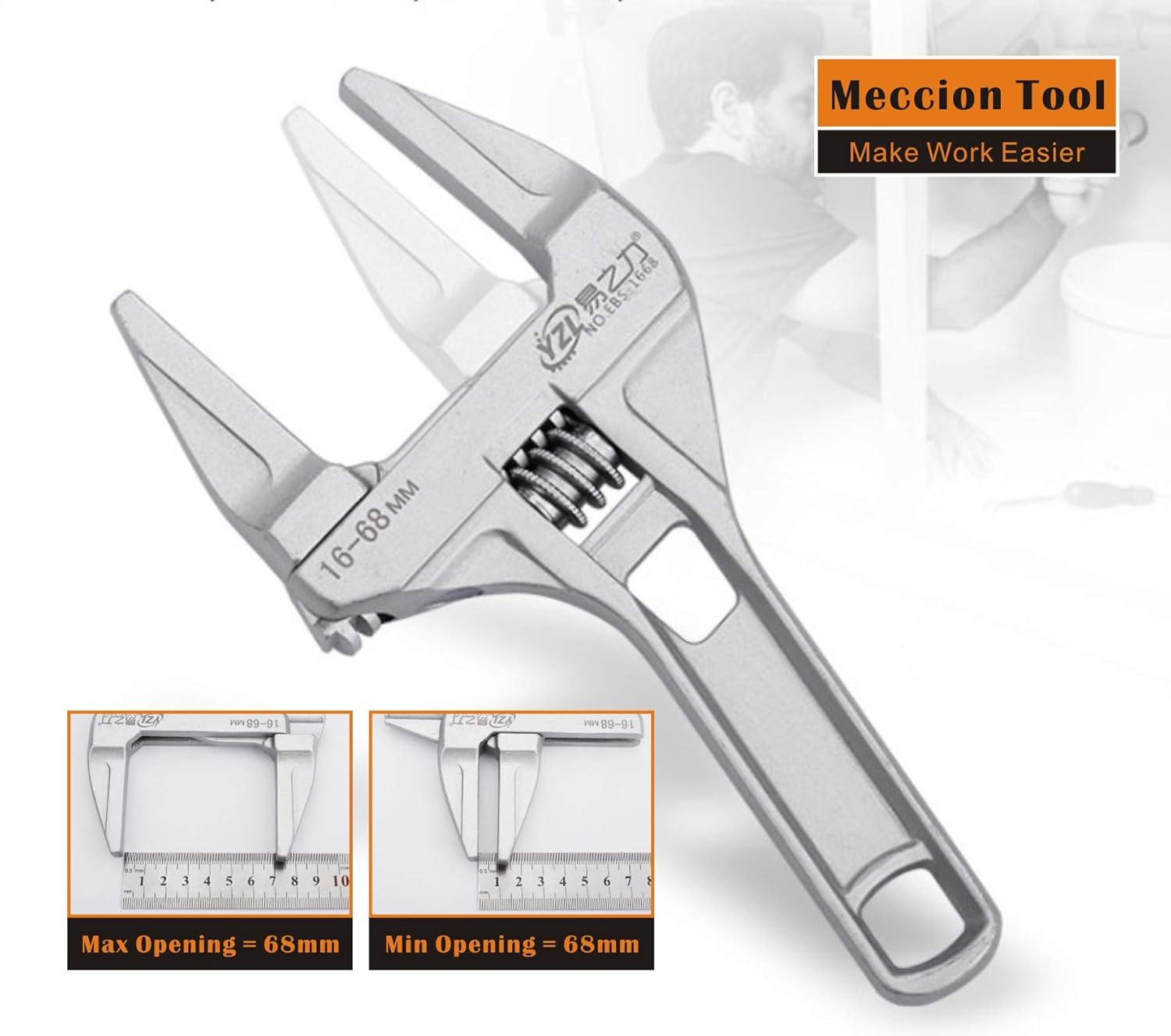 Meccion 8Inch 68mm Adjustable Spanner Short Shank Large Openings Ultra