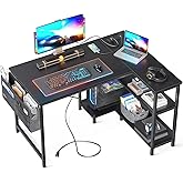 ODK 40 Inch Small L Shaped Gaming Computer Desk with Power Outlets, Reversible Storage Shelves & PC Stand for Home Office, Si
