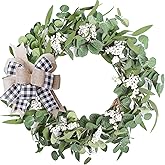 Artificial Eucalyptus Wreath for Front Door|20" Green Leaf Wreath for Window Home Porch Farmhouse Patio and Garden Indoor Outdoor Decor with Bow for Spring Summer Fall Winter