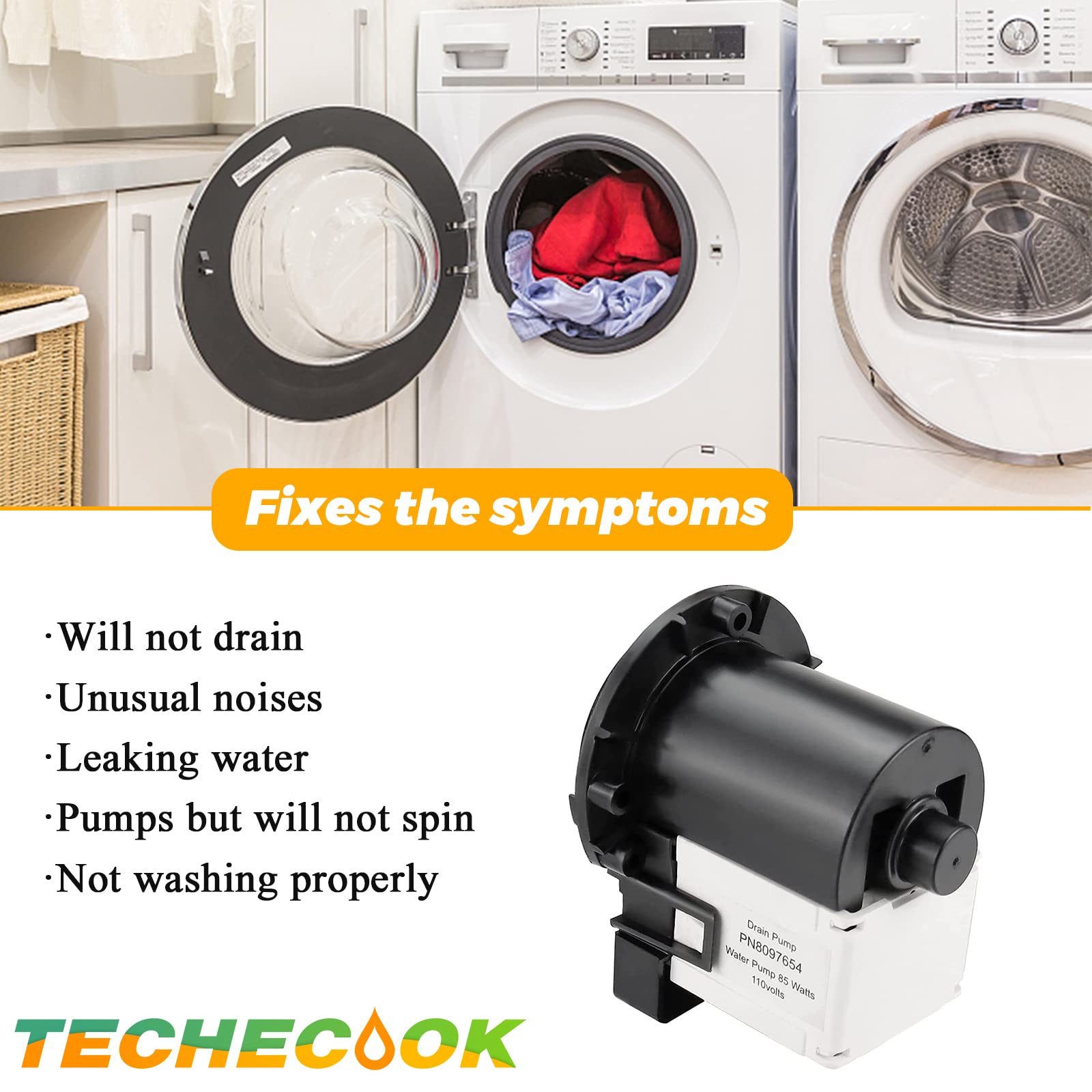 2025 UPGRADED DC31-00054A 62902090 Washer Drain Pump by Techecook (85 Watts 110 Volts) - DC31-00016A Replacement for Samsung Kenmore Washing Machine - Replaces AP4202690 PS4204638-2 YEARS WARRANTY