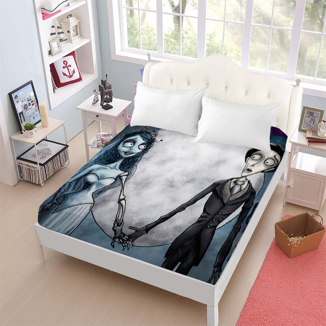 ARL HOME Halloween Couple Bed Sheet 1PC Full Size Cartoon Movie Corpse Bride Wedding Couple Fitted Sheet Halloween Christmas Bedding Set Couple Deep Pocket Cartoon Sheet