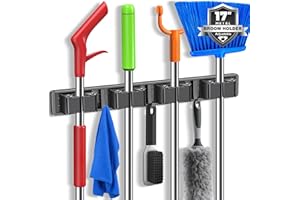 KQUQK Broom Holder Wall Mount, Mop and Broom Hanger Wall Mount for Organizing and Storing Items in Household Kitchens, Gardens, Laundries (4 Racks & 3 Hooks, Grey)