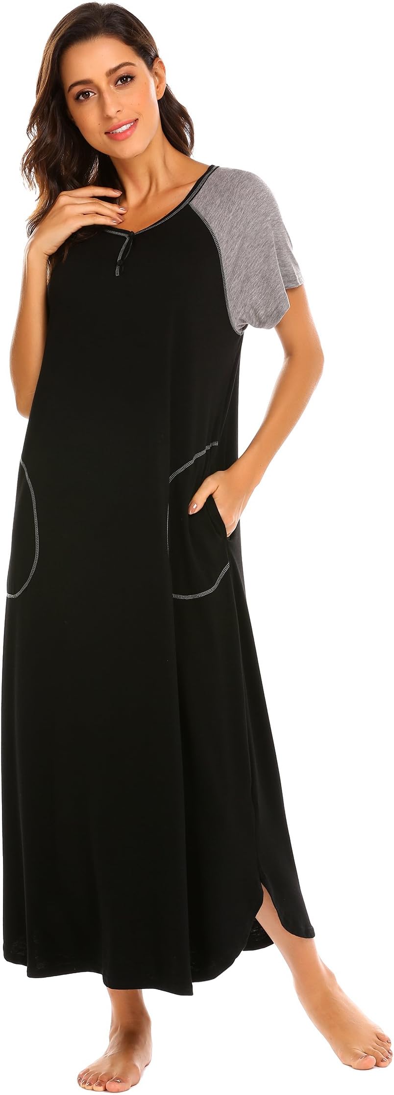 Langle Full Length Nightgown Womens Sleepshirt Short Sleeve Sleepwear V-Neck Nightshirt S-XXL