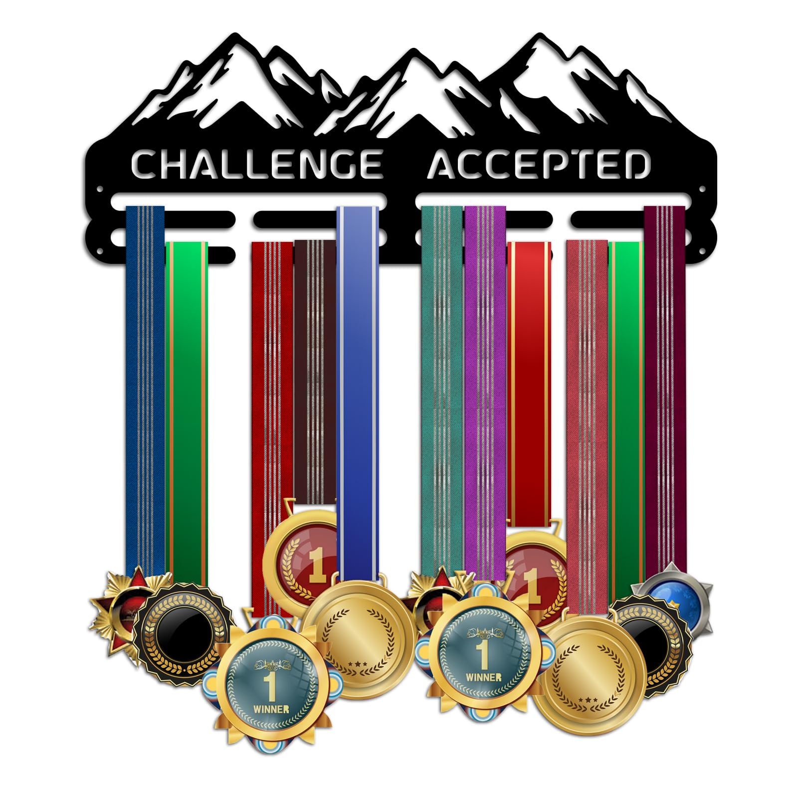 Photo 1 of PH PandaHall Mountain Medal Hangers Wall Mounted Challenge Accepted Medal Rack Display Metal Triathlon Running Sport Challenge Awards Hanging Holder for Over 50 Competition Medal Necklace Jewelry