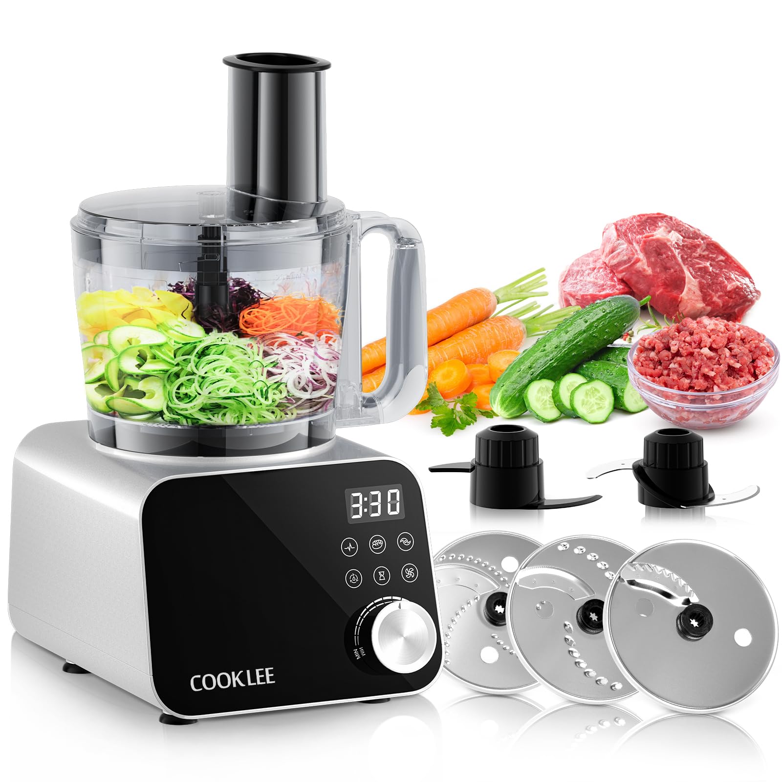 Photo 1 of COOKLEE Food Processor, 600 Watts, 6 Functions Electric Food Chopper for Chopping, Mincing, Dicing, Shredding, Slicing, Purees & Dough with 12cup Processor Bowl, Food Chute & Pusher, Silver
