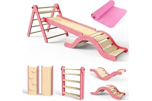 DOOWROODNI Pikler Triangle Set 7in1 Toddler Climbing Toys Indoor Foldable Baby Climbing Toys Wooden Montessori Climbing Set with Arch, Ramp, Ladder for 1-3 Years, Jungle Gym for Kids (Pink)