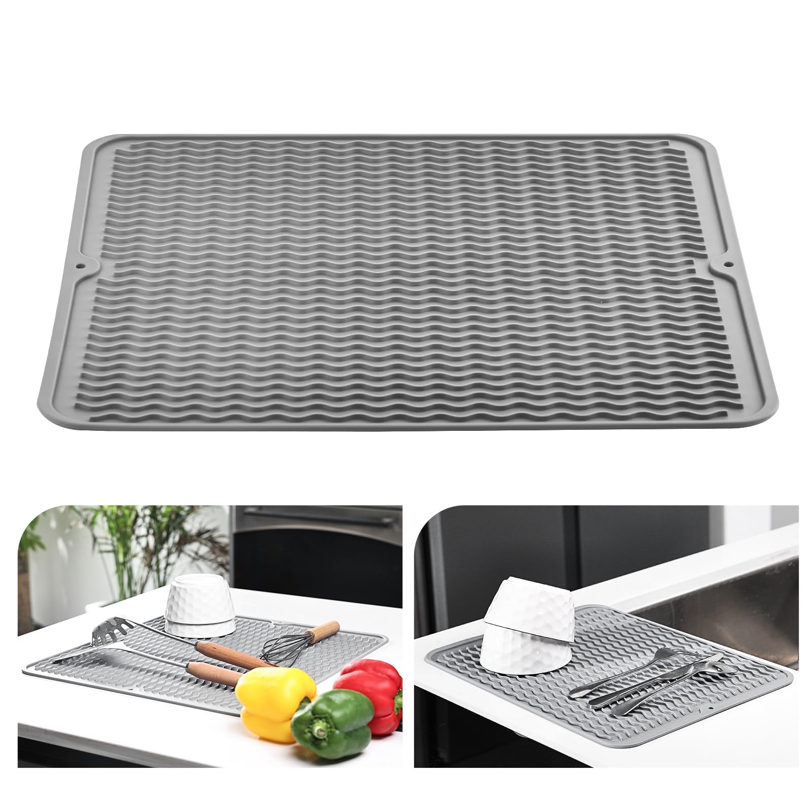 KitchenRaku Dish Drying Mat, Silicone Draining Board Mat, Heat Resistant Dish Draining Mat for Kitchen,Non-Slip Silicone Trivet,Table Mat,Pot Holder,Placemat,Spoon Rest, Coaster (Grey, 40x45cm)