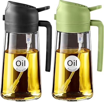 YARRAMATE 2Pcs 2-in-1 Olive Oil Sprayer Glass Bottle 470ml Black Green