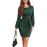Dressystar Women's Long Sleeve Crewneck Ribbed Knit Sweater Dress Casual Elegant Midi with Tie Waist Belt for Fall/Winter