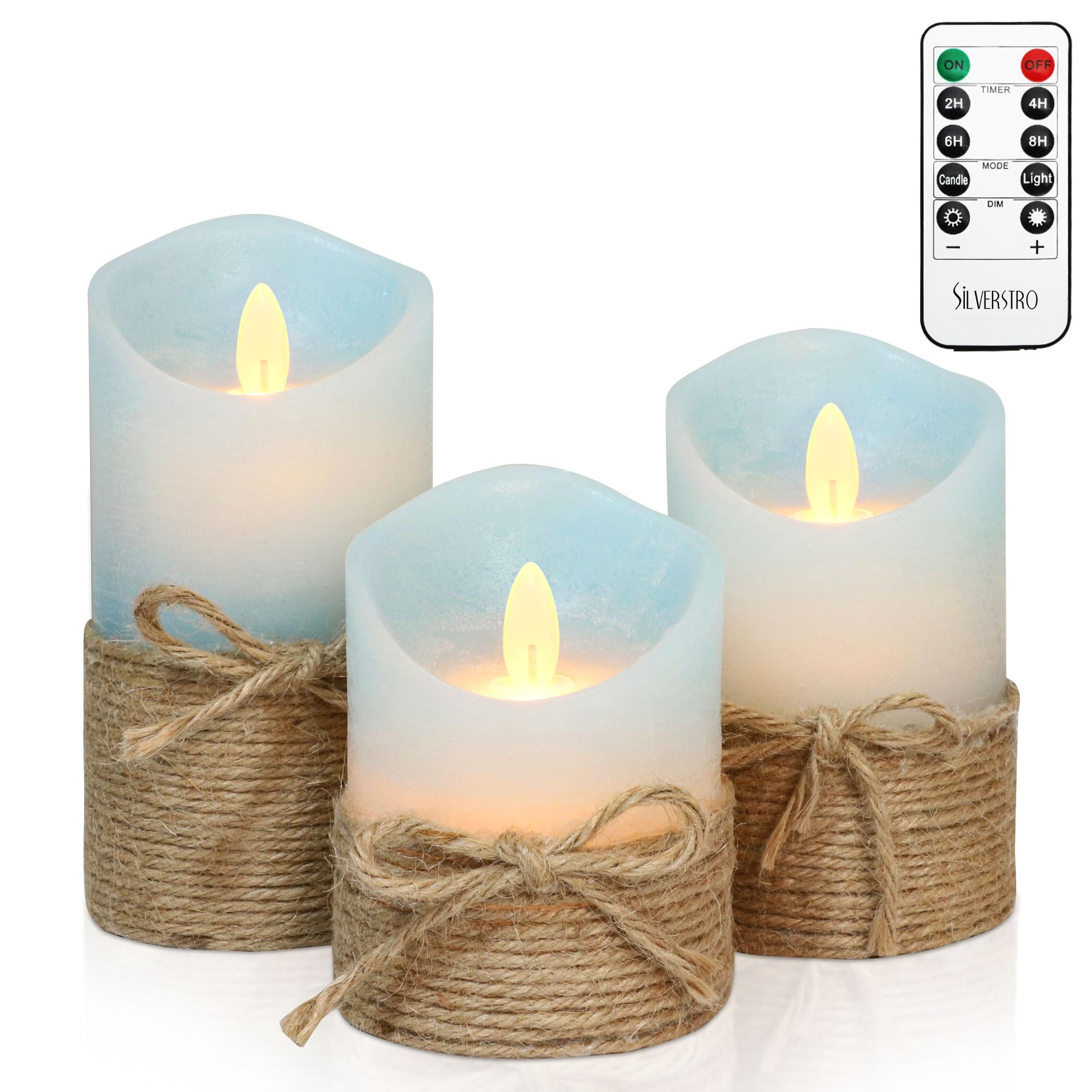 Photo 1 of Silverstro Nautical Decor Ocean Blue Flameless Candles with Remote - Home Farmhouse Easter Spring Decorations - Set of 3 (D3.11 X H4 5" 6")