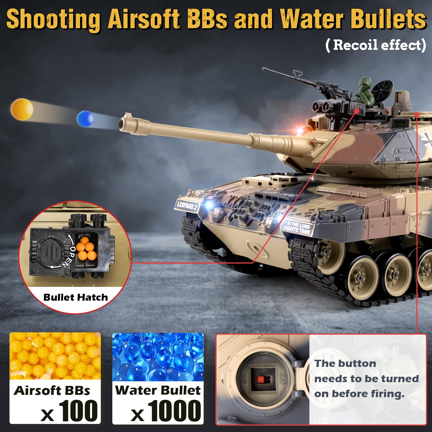 1:18 RC Tank, 2.4Ghz German Leopard II Remote Control Model Toys, RC Vehicle Tank That Shoots BBS and Water Bombs for Adults and Kids, Military Army Toys with Smoke, Lights, Sound and Recoil