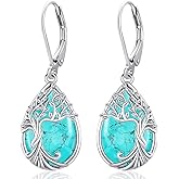 Odinstone 925 Sterling Silver Earrings Tree of Life Teardrop Moonstone Dangle Drop Leverback Earrings for Women