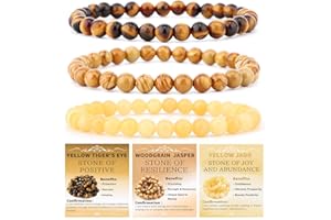 NCB 3-Piece 6mm Natural Crystal Gemstone Stretch Bracelets – ﻿Woodgrain Jasper, Yellow Jade, Yellow Tiger's Eye Handmade Reik
