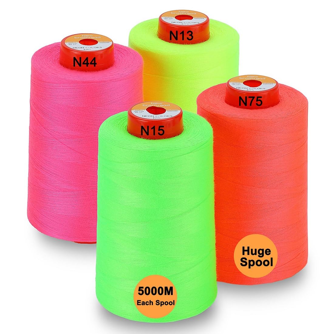 New brothread - 28 Options - 4 Large Cones of 5000M Each All Purpose Polyester Sewing Thread 40S/2 (Tex27) for Sewing, Quilting, Piecing, Serger and Overlock - Neon Colours
