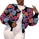 OPCAKM Women's Cropped Floral Print Shacket Jackets Round Neck Long Sleeve Bomber Coat Outerwears