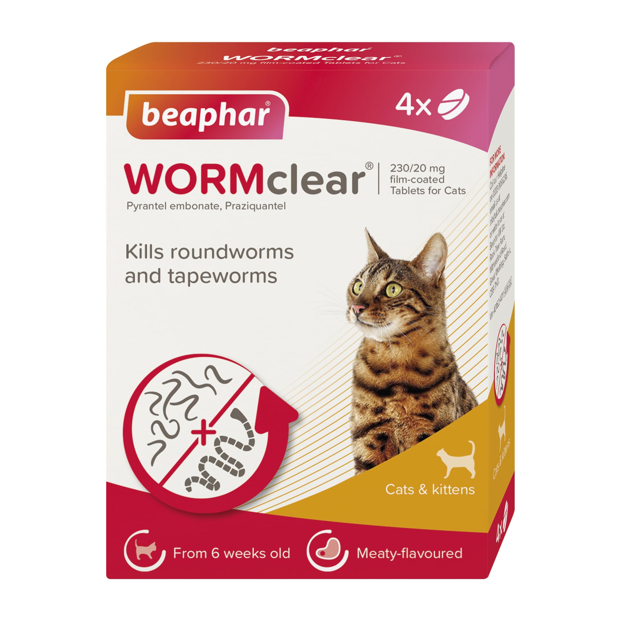 Beaphar - WORMclear® Tablets for Cats - 4 Tablet Pack - Kills All Common UK Intestinal Worms (Roundworms & Tapeworms) - Ideal for Multi-Cat Households - Vet Strength Treatment - Meaty-Flavoured