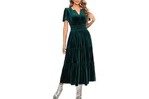 R.Vivimos Women's Fall Winter Vintage Velvet Dress Short Sleeve V Neck Elastic Waist Tiered Ruffle A-Line Flowy Maxi Dress
