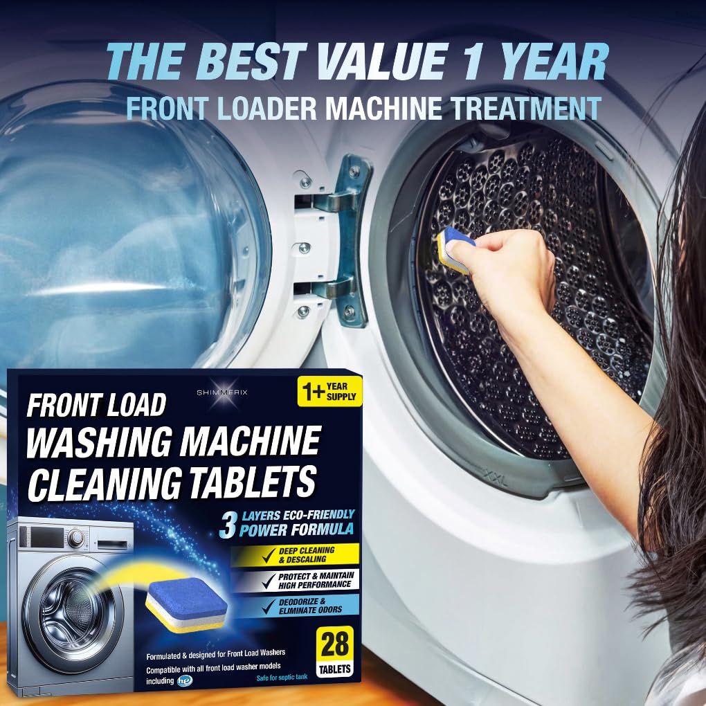 Washing Machine Cleaner Descaler 28 Pack - Designed for Front Loader Washer - Deep Cleaning Tablets For HE, Septic Safe Eco-Friendly Deodorizer, Clean Inside Drum & Laundry Tub Seal - 14 Month Supply