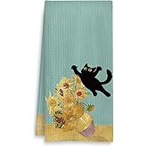 Fuasei Funny Black Cat Kitchen Towels, Cat Lover Mom Lady Gifts Hand Towels for Bathroom, Vintage Yellow Floral Kitten Dish Tea Towel for Kitchen, 16x24 Inch