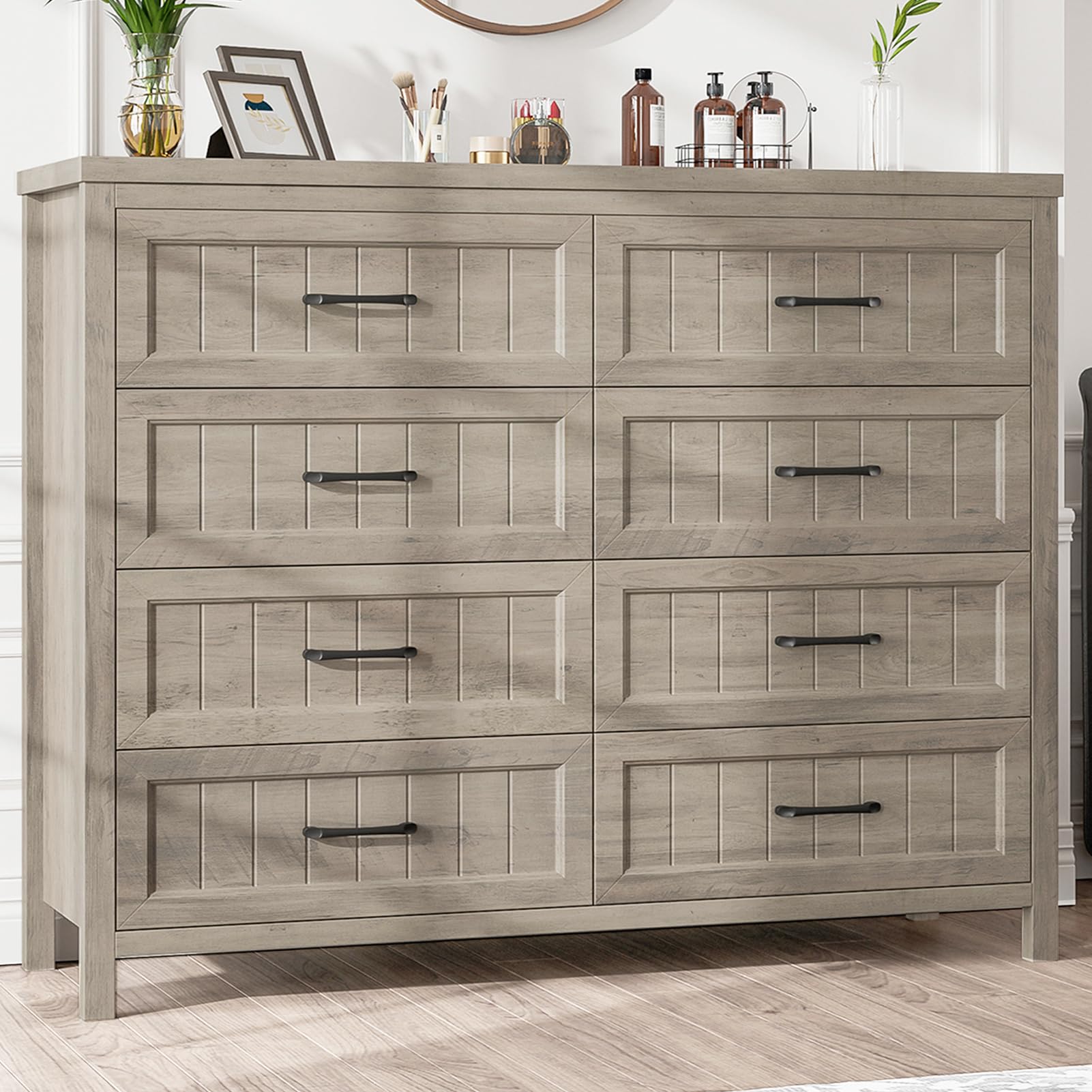 Photo 1 of Jocoevol Farmhouse Dresser 8 Drawer Dresser for Bedroom, Large Wooden Dressers Double Grey Dresser with Deep Drawers Dressers for Hallway, Entryway (Gray)
