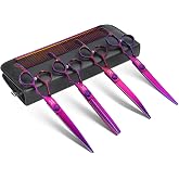 JASON Dog Grooming Scissors Set - Professional 6 in 1 Purple Shears Kit | 6.5" Thinning, 7" Straight, 7" Up-Curved, 7" Down-curved Scissors and Comb for Cat Pet with Adjustable Screw, Gift