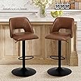 COLAMY Bar Stools Set of 2, Modern Swivel Bar Chairs, Adjustable PU Leather Upholstered Barstools Counter Height with Square Open Back for Bar, Kitchen Island, Dining Room, Brown